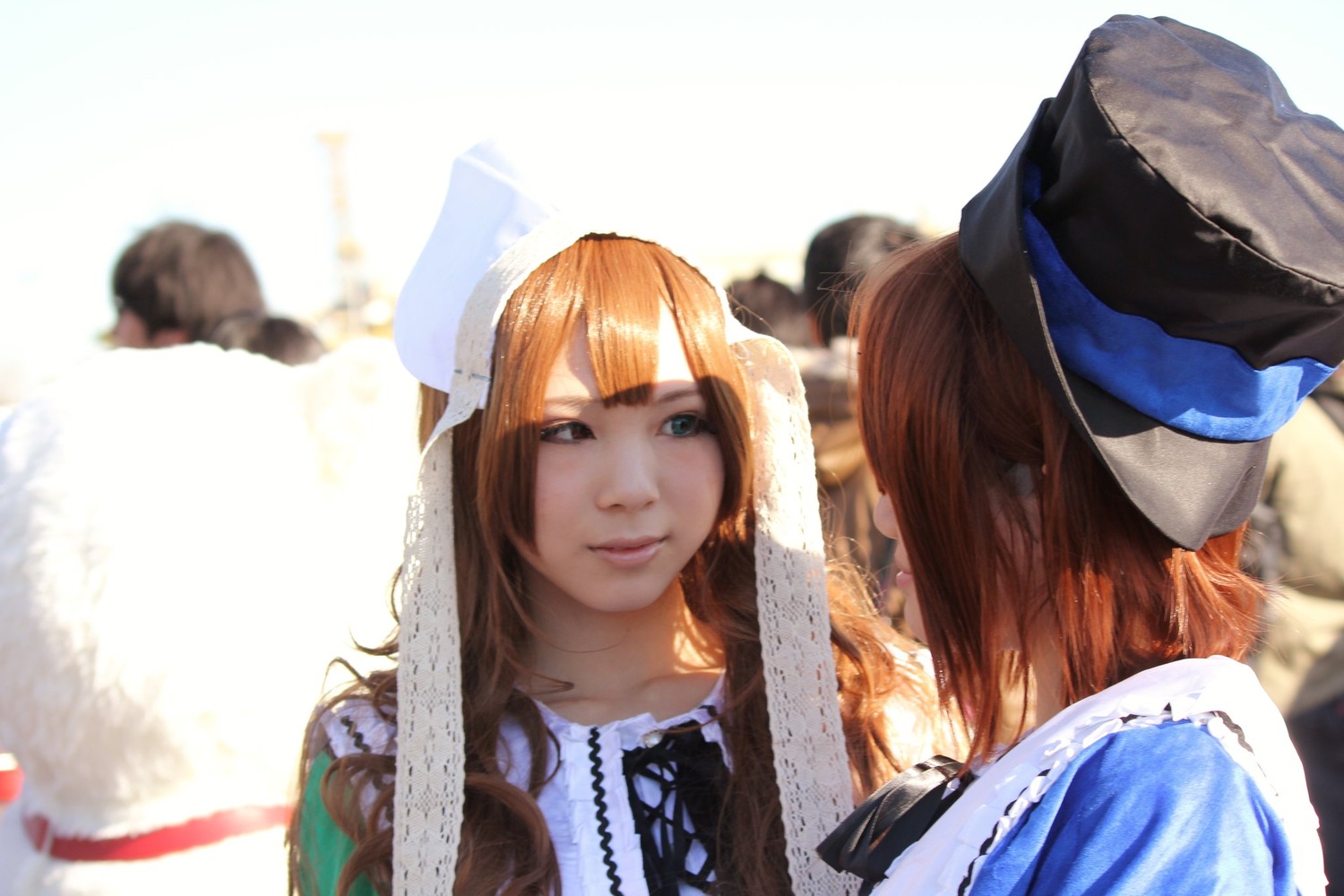 animal bangs bird blonde_hair blurry blurry_background blurry_foreground depth_of_field lips long_hair multiple_cosplay striped tagme