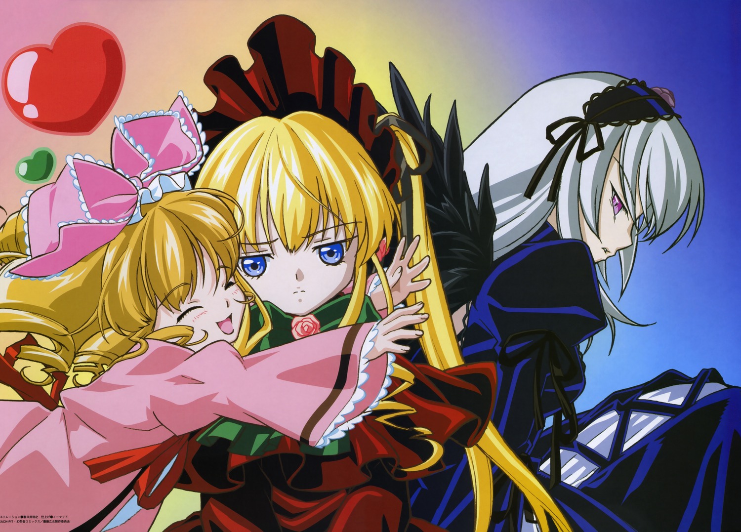3girls black_wings blonde_hair blue_eyes bow closed_eyes dress flower frills hairband hug image long_hair long_sleeves multiple multiple_girls open_mouth pink_bow red_dress shinku silver_hair suigintou tagme twintails wings yuri