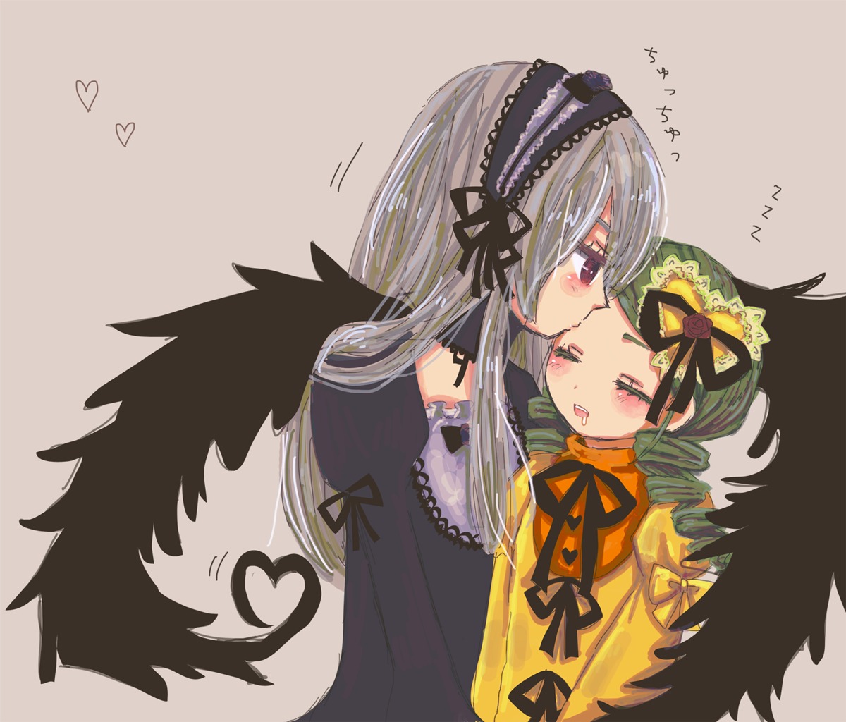 2girls black_wings blush closed_eyes dress feathered_wings green_hair hairband heart image kanaria kiss long_hair multiple_girls pair ribbon silver_hair suigintou wings yuri