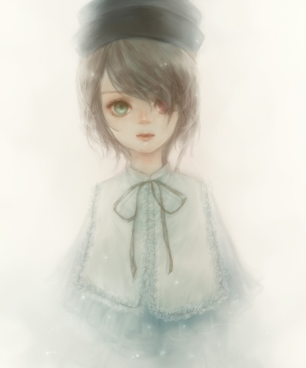 1girl bad_id bad_pixiv_id blue_ribbon brown_hair frills hair_over_one_eye hat heterochromia highres image lips looking_at_viewer neck_ribbon red_eyes ribbon rozen_maiden short_hair simple_background solo souseiseki upper_body yukishiro_(hitsuji)