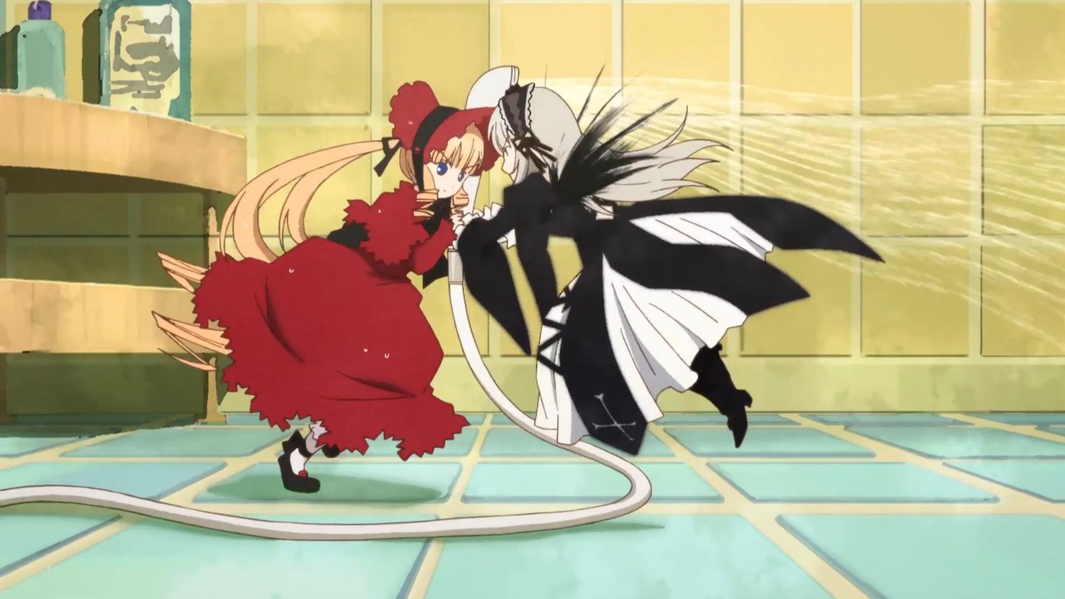 2girls blonde_hair blue_eyes dress frills hat image long_hair long_sleeves multiple_girls pair red_dress shinku suigintou very_long_hair