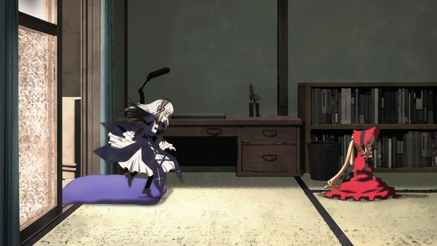 2girls boots dress gun hairband image indoors long_hair looking_at_another multiple_girls pair ribbon rifle shinku silver_hair suigintou very_long_hair weapon