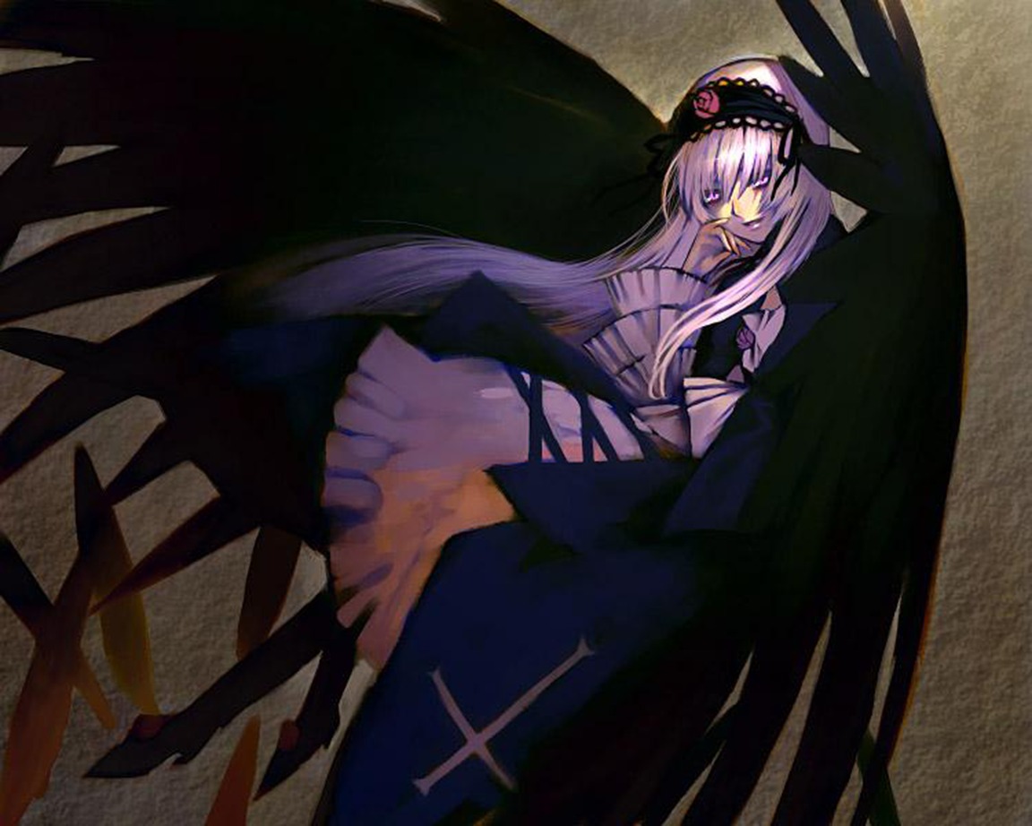 1girl black_wings cross dress flower frilled_sleeves frills full_body hair_over_one_eye hairband hand_on_own_cheek hand_on_own_face image inverted_cross latin_cross lolita_fashion lolita_hairband long_hair long_sleeves looking_at_viewer pink_eyes purple_eyes rozen_maiden sakamoto_mineji silver_hair smile solo suigintou very_long_hair wings