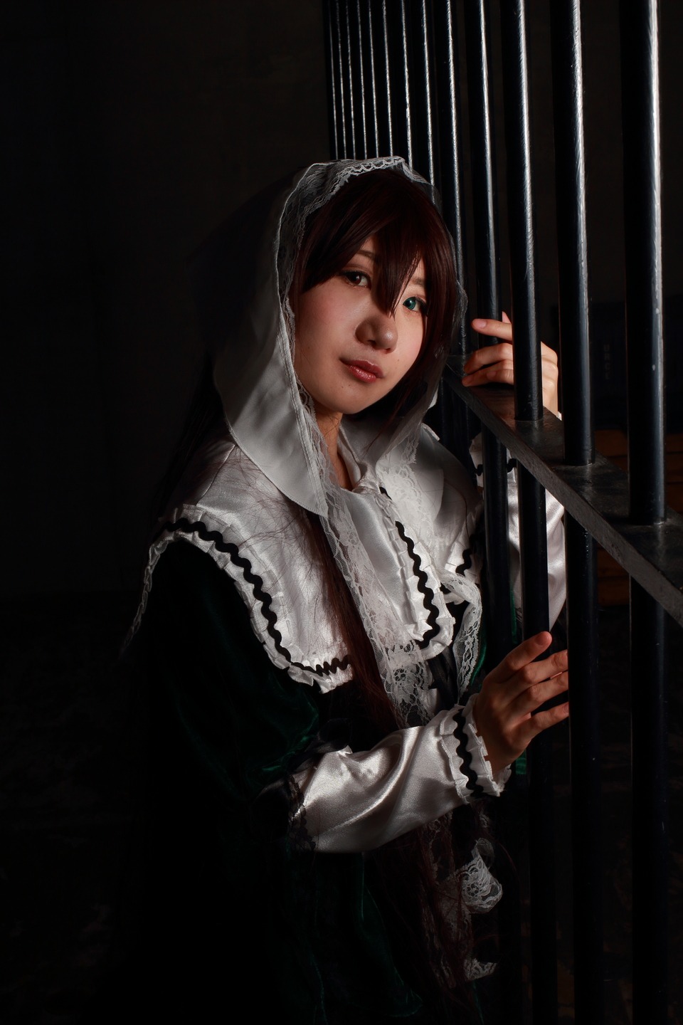 1girl dress hood lips long_sleeves looking_at_viewer nose realistic solo suiseiseki