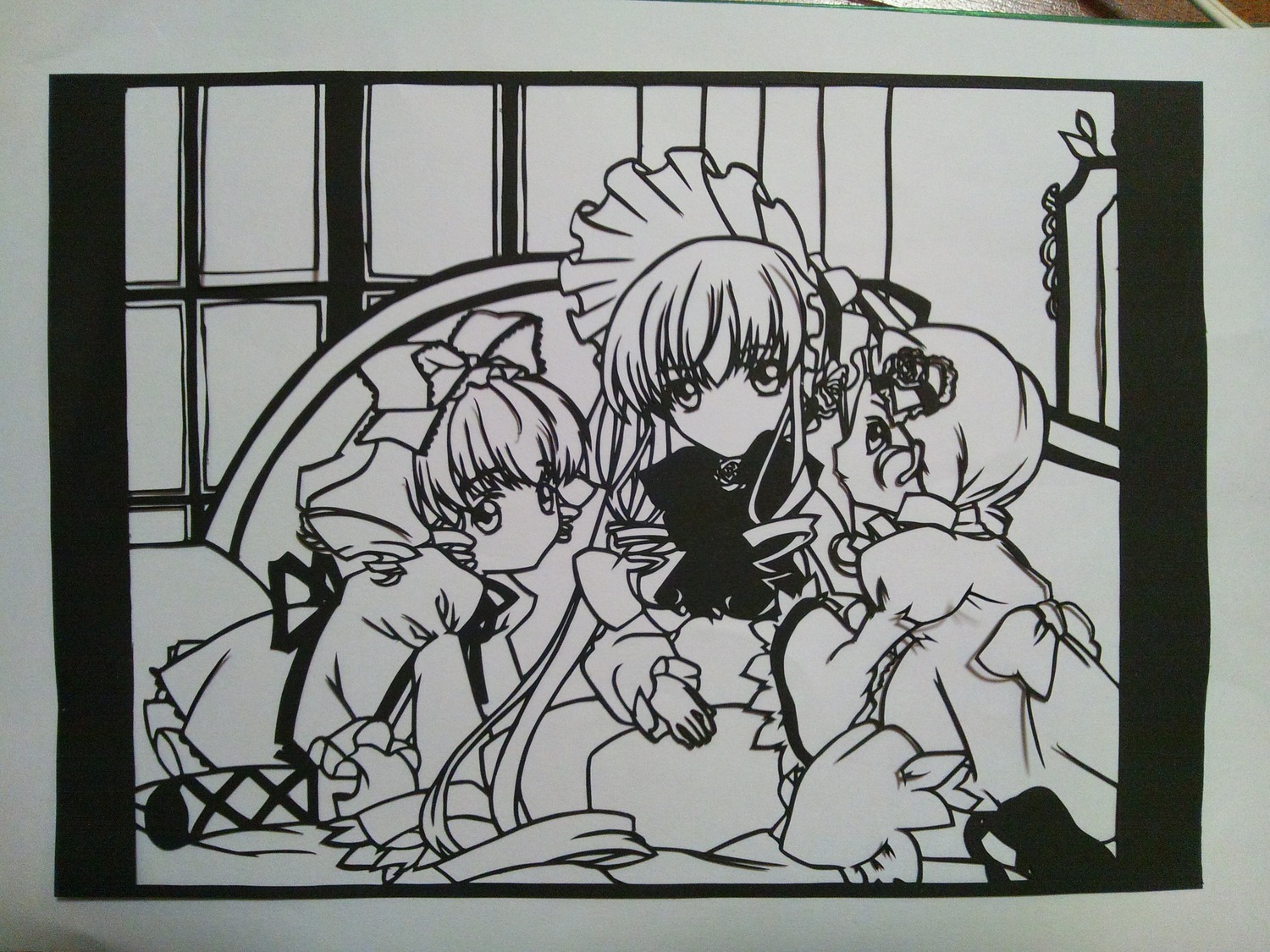 4girls bow dress greyscale hair_bow hair_ornament hat hina_ichigo image long_hair long_sleeves looking_at_viewer monochrome multiple multiple_girls shinku short_hair tagme
