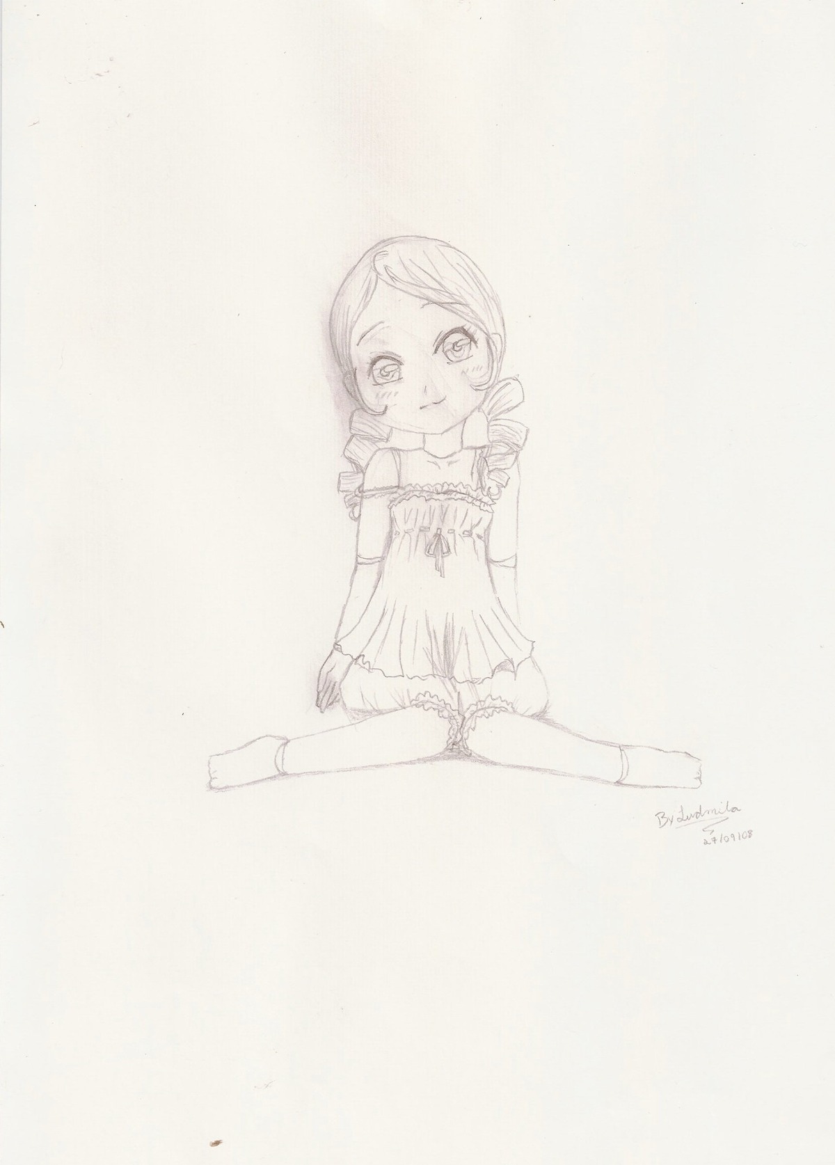 1girl dress drill_hair full_body image kanaria long_hair looking_at_viewer monochrome ringlets sitting smile solo tomoe_mami twin_drills