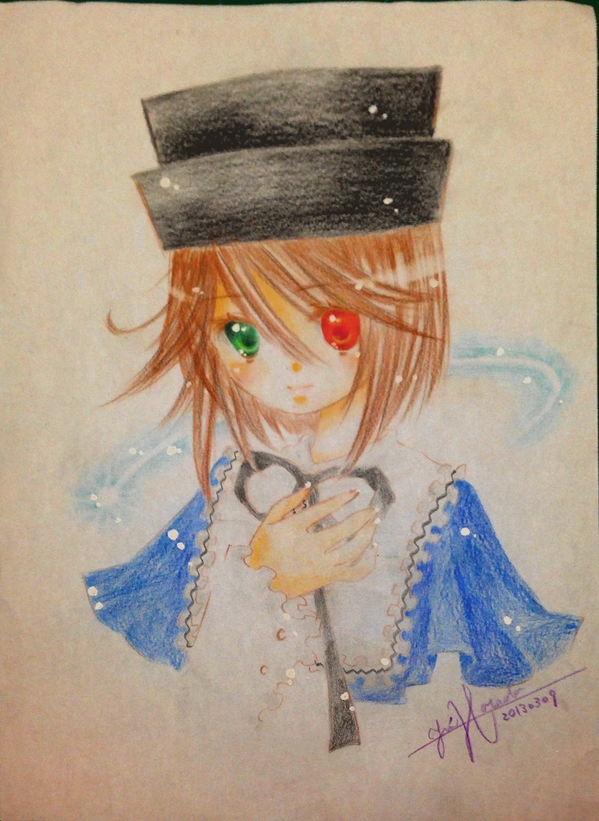 1girl closed_mouth frills green_eyes hat heterochromia image long_sleeves looking_at_viewer photo red_eyes short_hair simple_background solo souseiseki traditional_media upper_body watercolor_(medium)