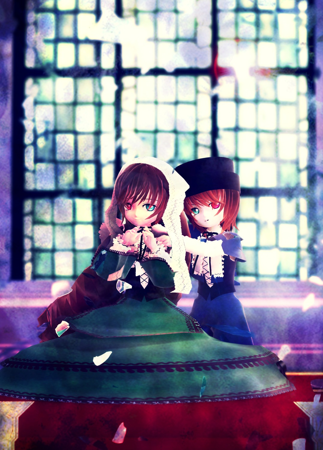 2girls blurry blurry_background blurry_foreground brown_hair depth_of_field dress green_dress green_eyes heterochromia image long_sleeves looking_at_viewer multiple_girls pair red_eyes short_hair siblings sisters souseiseki stained_glass suiseiseki twins window