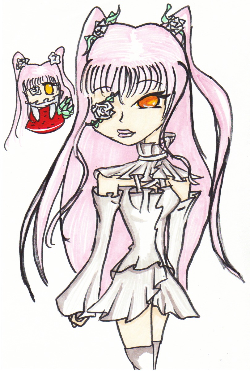 2girls dress flower image kirakishou long_hair multiple_girls pink_hair rose simple_background solo standing thighhighs yellow_eyes zettai_ryouiki