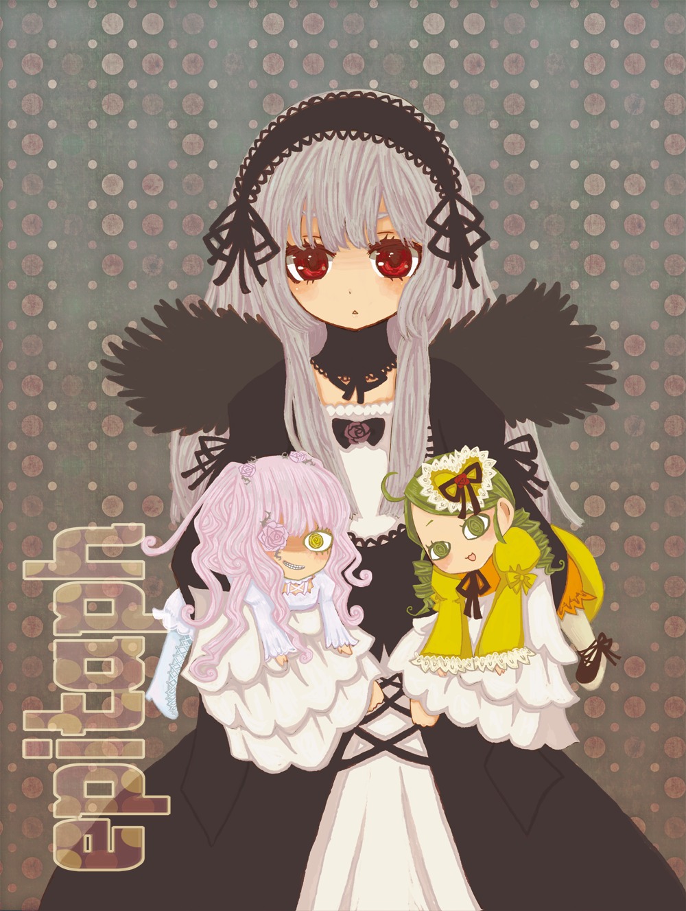 3girls black_dress black_wings cross dress flower frills green_eyes hairband image lolita_hairband long_hair long_sleeves looking_at_viewer multiple multiple_girls pink_hair polka_dot polka_dot_background red_eyes ribbon rose silver_hair suigintou tagme wings yellow_eyes