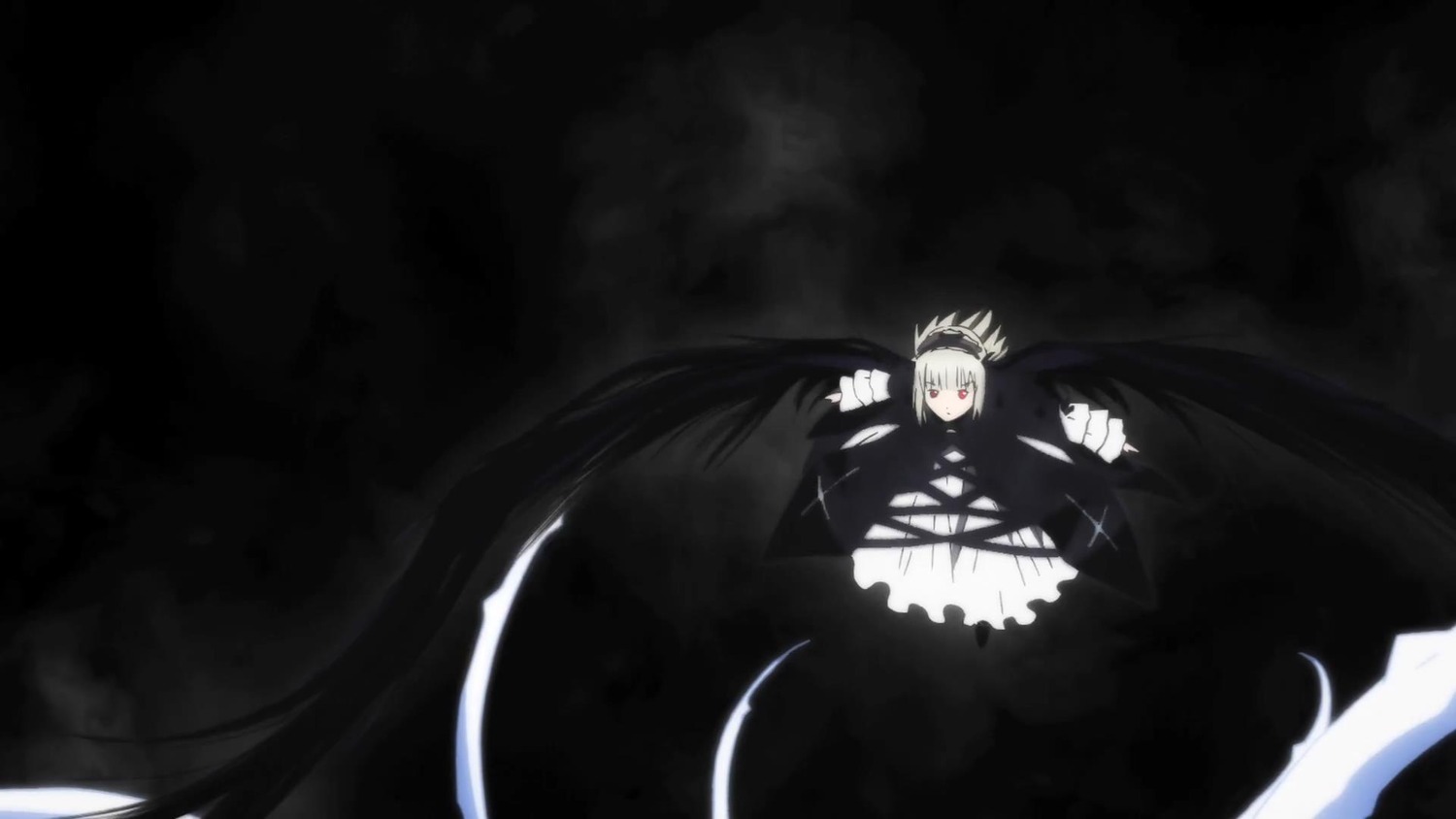 1girl auto_tagged black_wings dress floating_hair frills image long_hair long_sleeves red_eyes solo suigintou very_long_hair wings