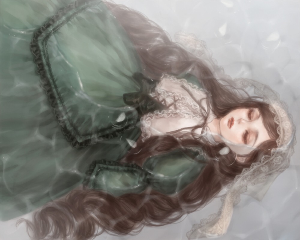 1girl auto_tagged brown_hair closed_eyes commentary_request dress frills green_dress hairband image lips lolita_fashion long_hair long_sleeves rain rozen_maiden solo suiseiseki veil very_long_hair water wet wet_clothes yukishiro_(hitsuji)