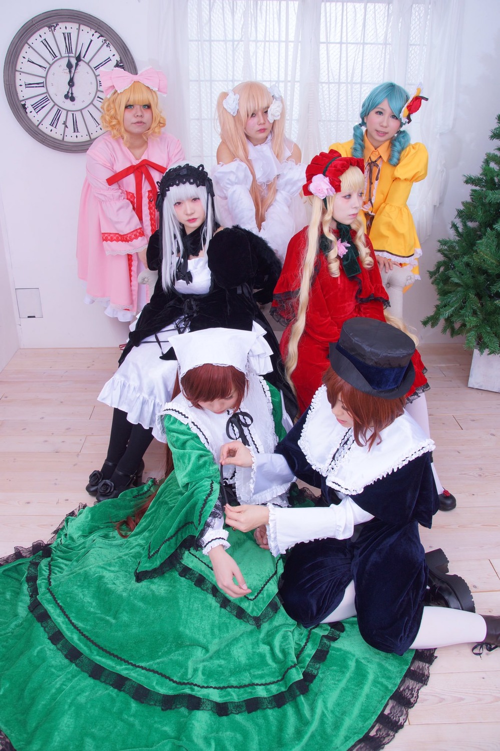 6+girls blonde_hair blue_hair brown_hair dress hat long_hair multiple_boys multiple_cosplay multiple_girls short_hair tagme