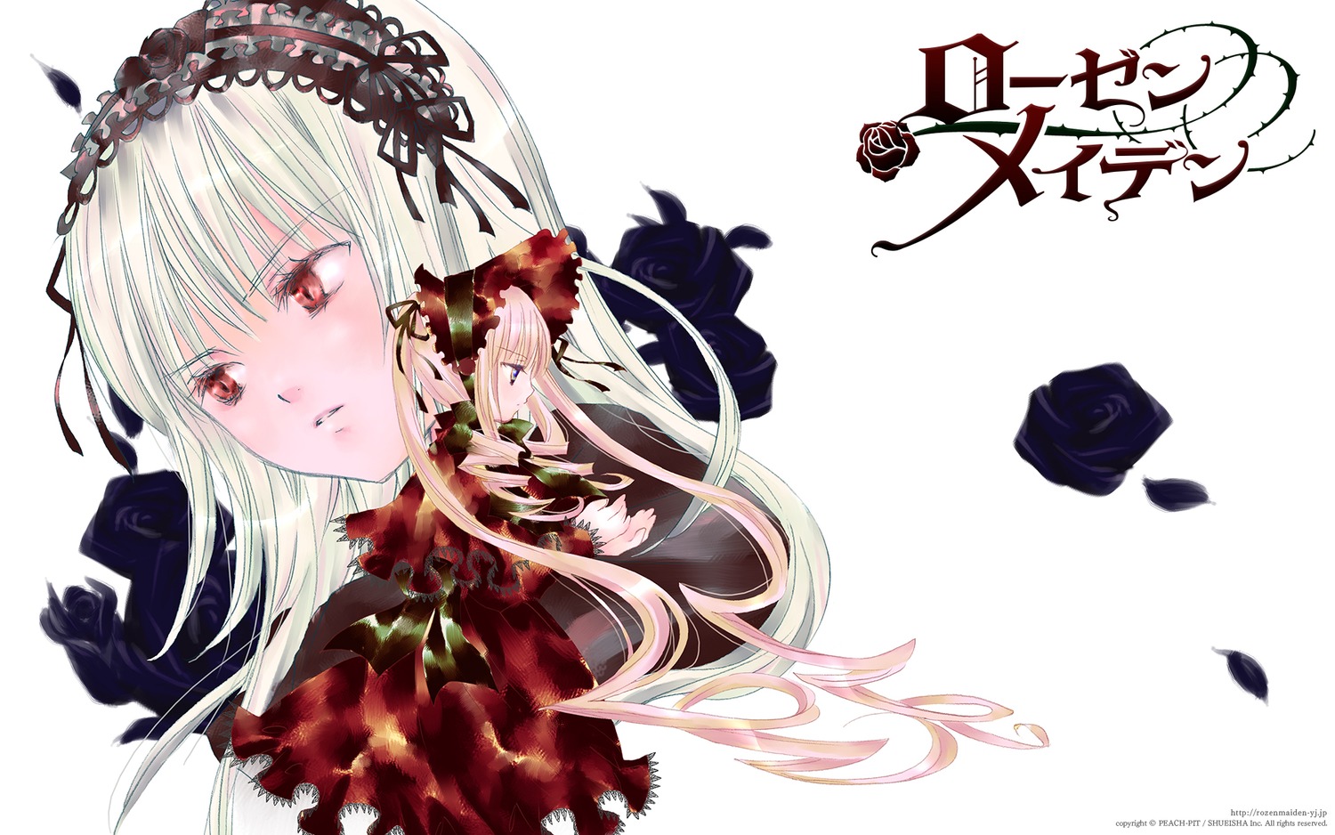 2girls bangs blonde_hair doll dress flower frills hairband highres image lolita_hairband long_hair multiple_girls official_art official_wallpaper pair peach-pit red_eyes ribbon rose rozen_maiden shinku silver_hair simple_background suigintou thorns twintails white_hair