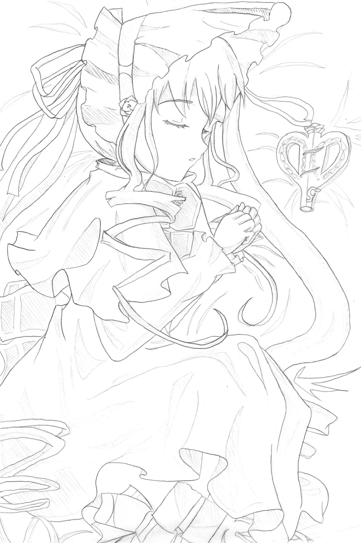 1girl closed_eyes dress frills image long_hair long_sleeves lying monochrome on_side profile ribbon shinku solo