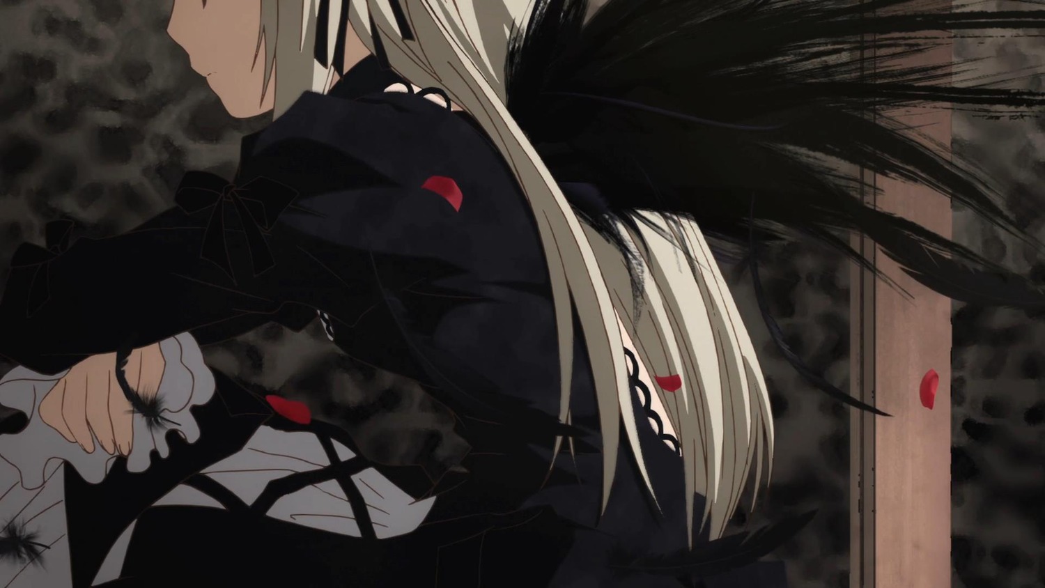 1girl black_dress black_ribbon black_wings dress feathered_wings feathers frills hair_ribbon head_out_of_frame image juliet_sleeves long_hair long_sleeves profile puffy_sleeves ribbon solo suigintou wings