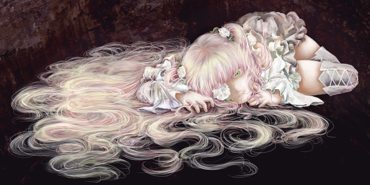1girl boots dress flower frills green_eyes hair_flower hair_ornament image kirakishou long_hair lying pink_hair rose solo very_long_hair vines