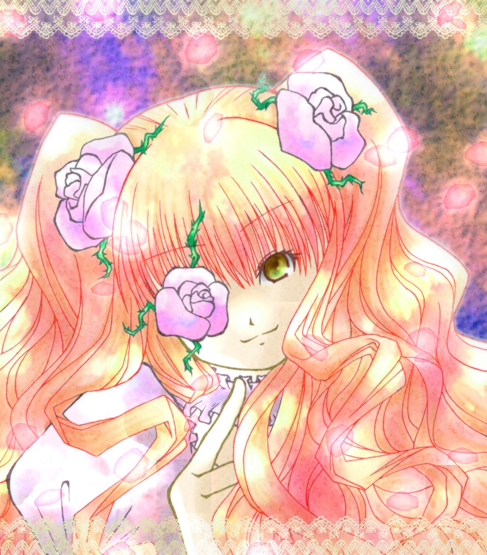 1girl blonde_hair flower green_eyes hair_flower hair_ornament image kirakishou long_hair rose smile solo