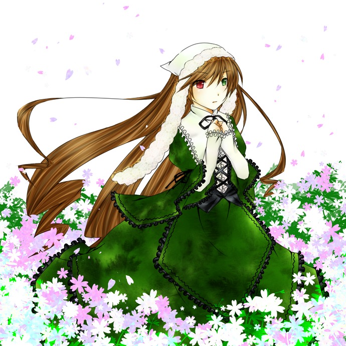 1girl brown_hair daisy dress field flower frills green_dress green_eyes heterochromia image long_hair long_sleeves looking_at_viewer petals red_eyes solo suiseiseki twintails very_long_hair watering_can