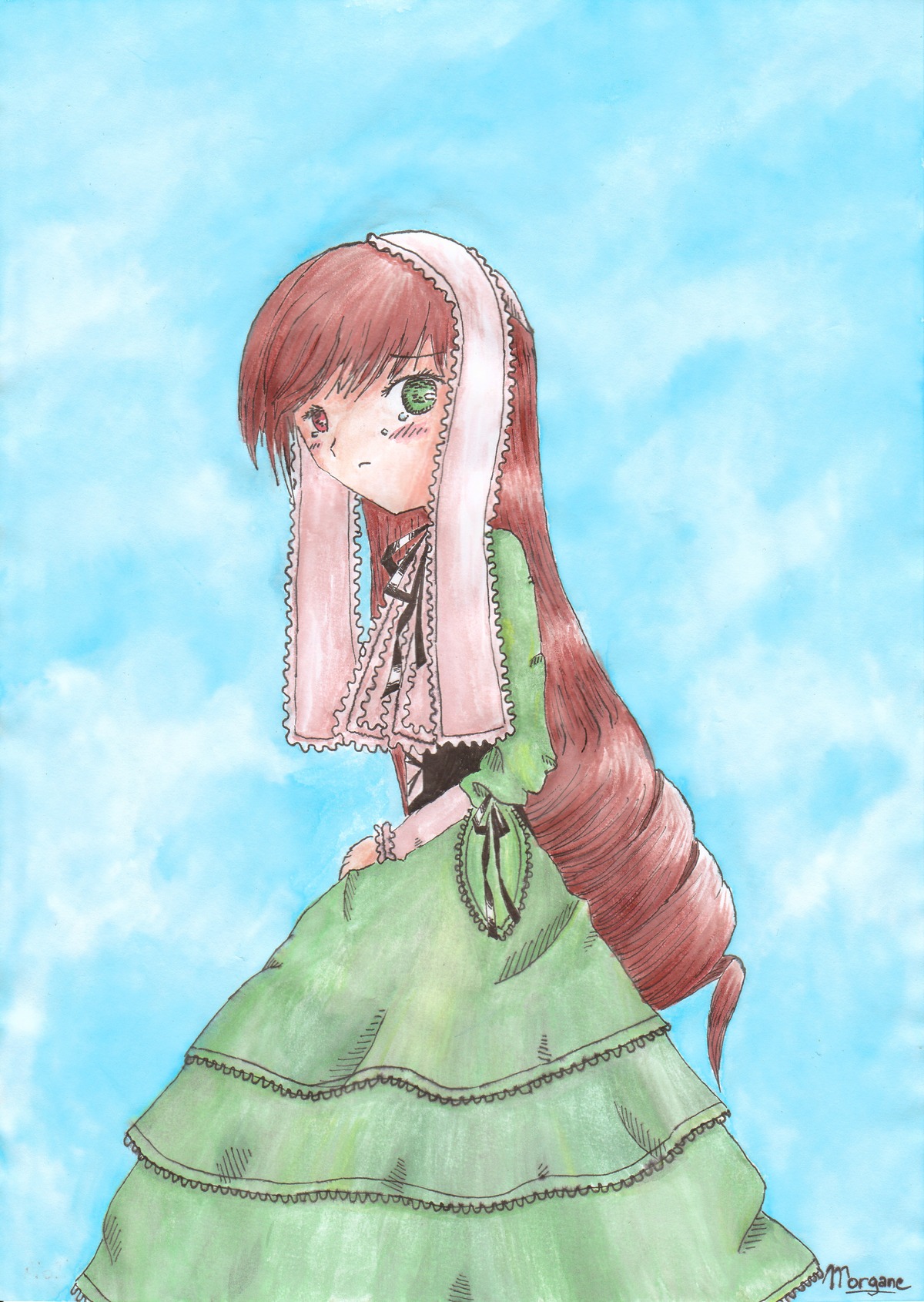 1girl blue_background dress frills green_dress green_eyes heterochromia image long_hair long_sleeves looking_at_viewer red_eyes simple_background solo standing suiseiseki very_long_hair