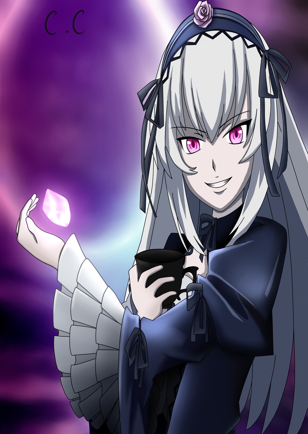1girl dress flower frilled_sleeves frills grin hairband image long_hair long_sleeves looking_at_viewer pink_eyes purple_rose rose silver_hair smile solo suigintou wings