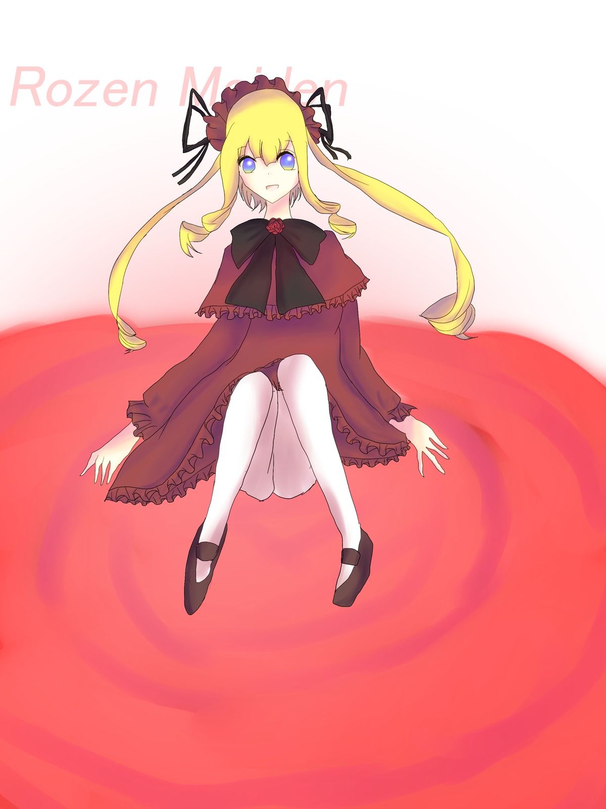 1girl blonde_hair blue_eyes bonnet bow capelet dress drill_hair full_body image long_hair long_sleeves looking_at_viewer open_mouth shinku shoes sitting solo twintails white_legwear