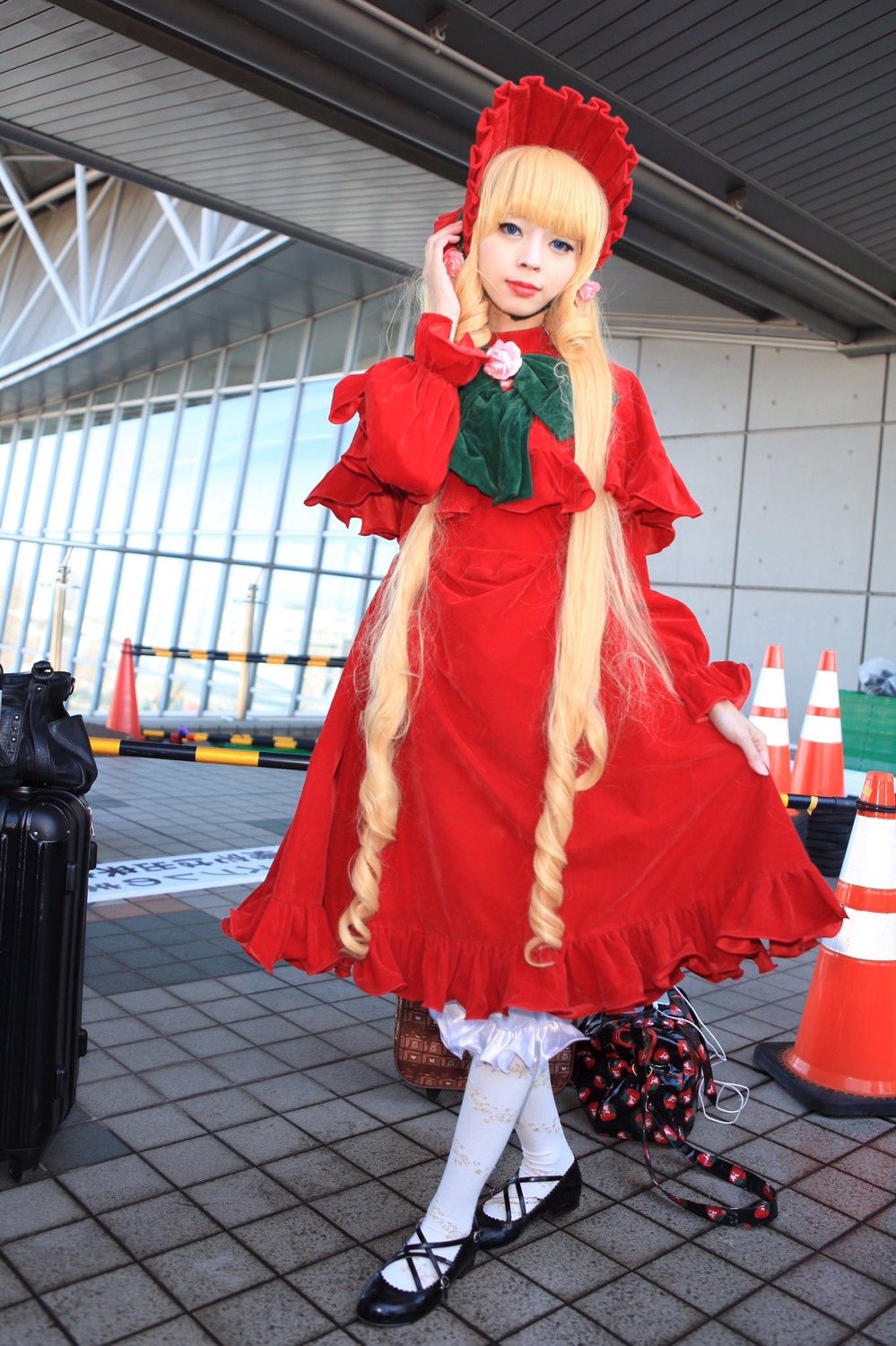 1girl blonde_hair blue_eyes bonnet bow dress indoors long_hair long_sleeves looking_at_viewer red_dress shinku shoes solo standing tile_floor tiles white_legwear window