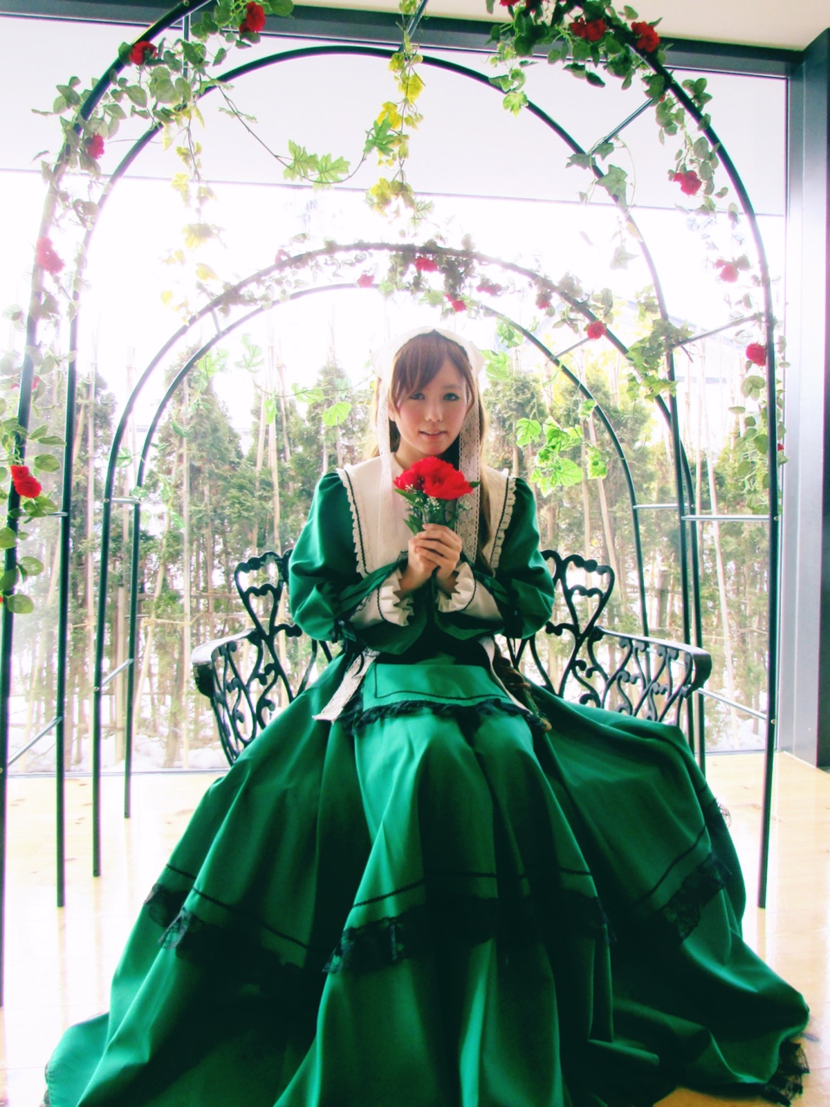 1girl dress flower holding_flower long_hair long_sleeves plant red_flower red_rose rose solo suiseiseki