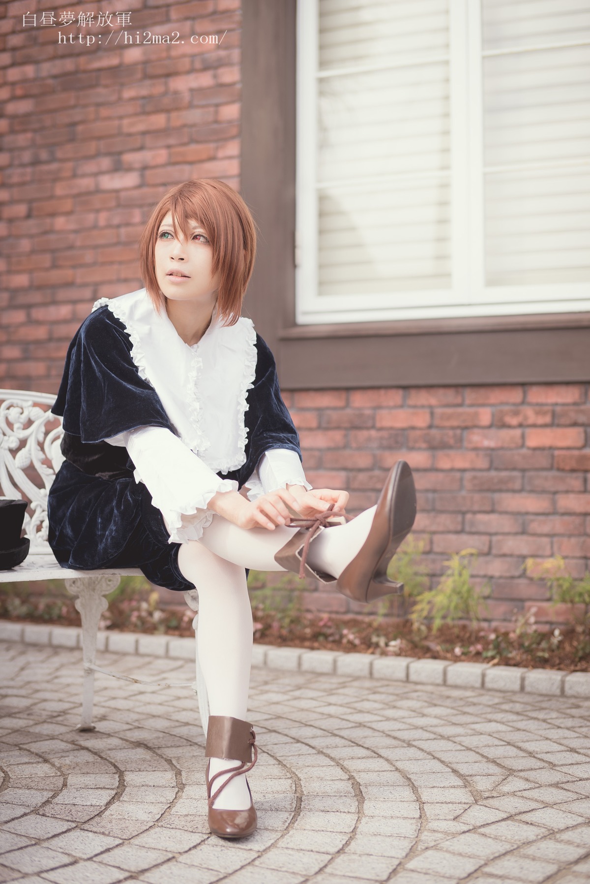 1girl brick_wall brown_hair cup dress long_sleeves sitting solo souseiseki teacup white_legwear