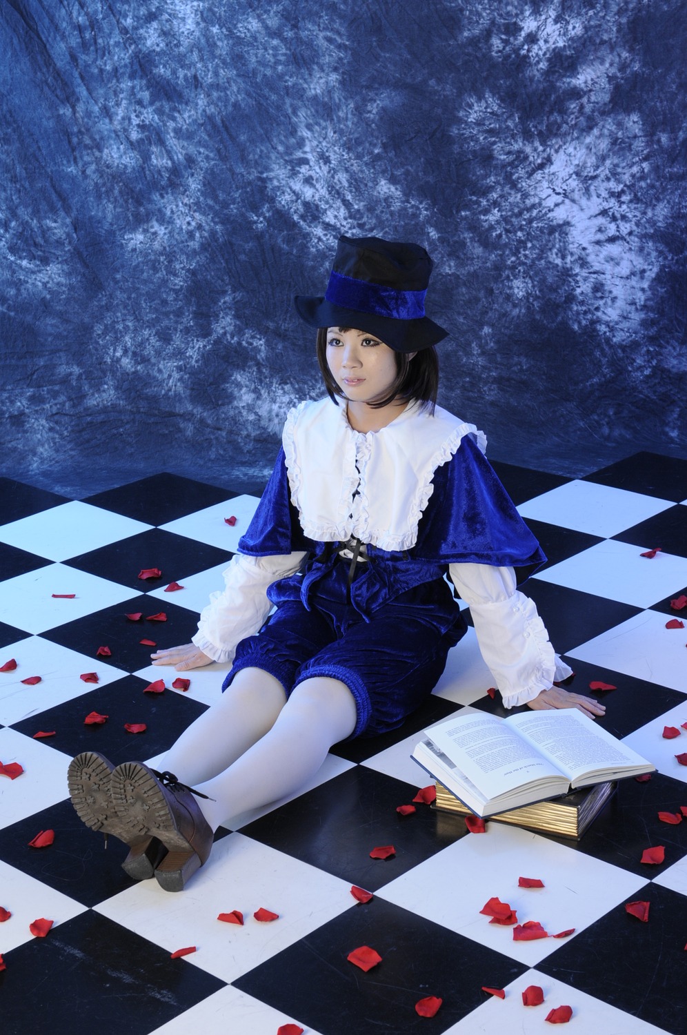 1girl argyle argyle_background argyle_legwear bath bathtub black_eyes black_hair black_rock_shooter_(character) board_game bob_cut card checkerboard_cookie checkered checkered_background checkered_floor checkered_kimono checkered_scarf checkered_shirt checkered_skirt chess_piece club_(shape) colorful cookie curtains diamond_(gemstone) diamond_(shape) flag floor flower hat himekaidou_hatate holding_flag king_(chess) knight_(chess) lips mirror night on_floor perspective petals pillar plaid_background playing_card race_queen reflection reflective_floor rook_(chess) rose short_hair shorts sitting sky solo souseiseki star_(sky) stitches tile_floor tile_wall tiles top_hat vanishing_point