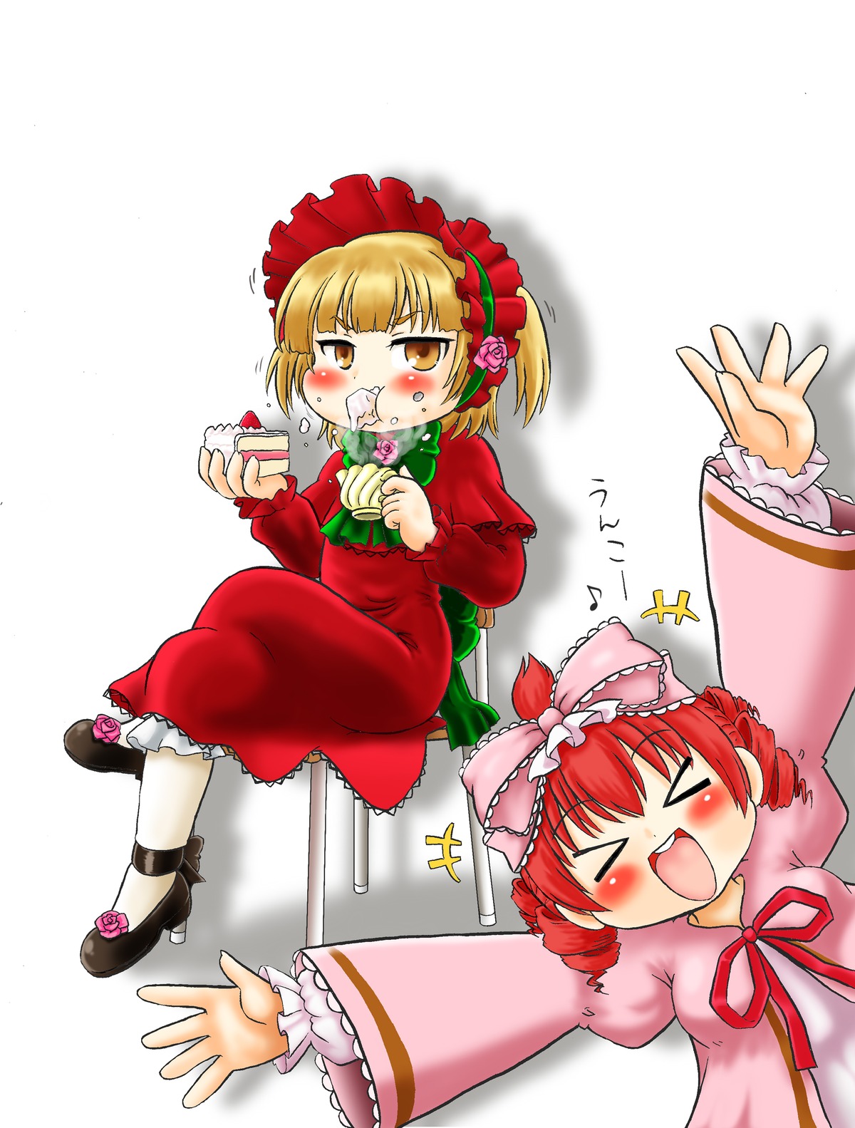 2girls >_< blonde_hair blush bow closed_eyes dress drill_hair food hina_ichigo hinaichigo image long_sleeves multiple_girls open_mouth pair pink_bow red_dress red_hair ribbon shinku short_hair twin_drills underwear