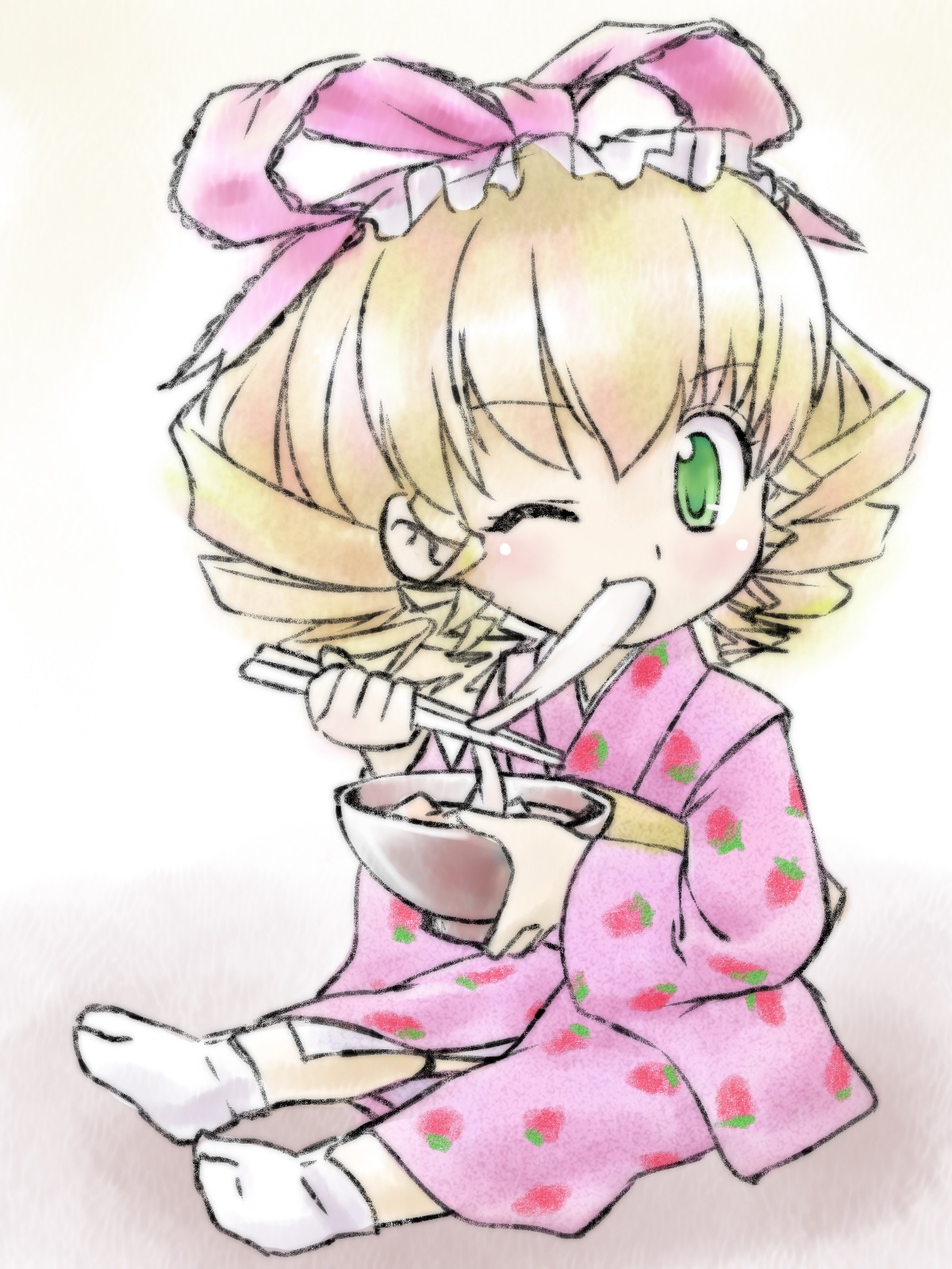 1girl blonde_hair bow bowl chibi chopsticks drill_hair eating food full_body green_eyes hina_ichigo hinaichigo image japanese_clothes kimono mochi one_eye_closed pink_bow pink_kimono sitting socks solo tabi