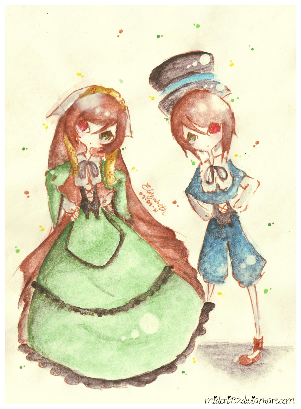 blue_dress brown_hair dress green_dress green_eyes hat heterochromia image long_sleeves multiple_girls multiple_views pair red_eyes scissors short_hair siblings sisters souseiseki suiseiseki top_hat twins