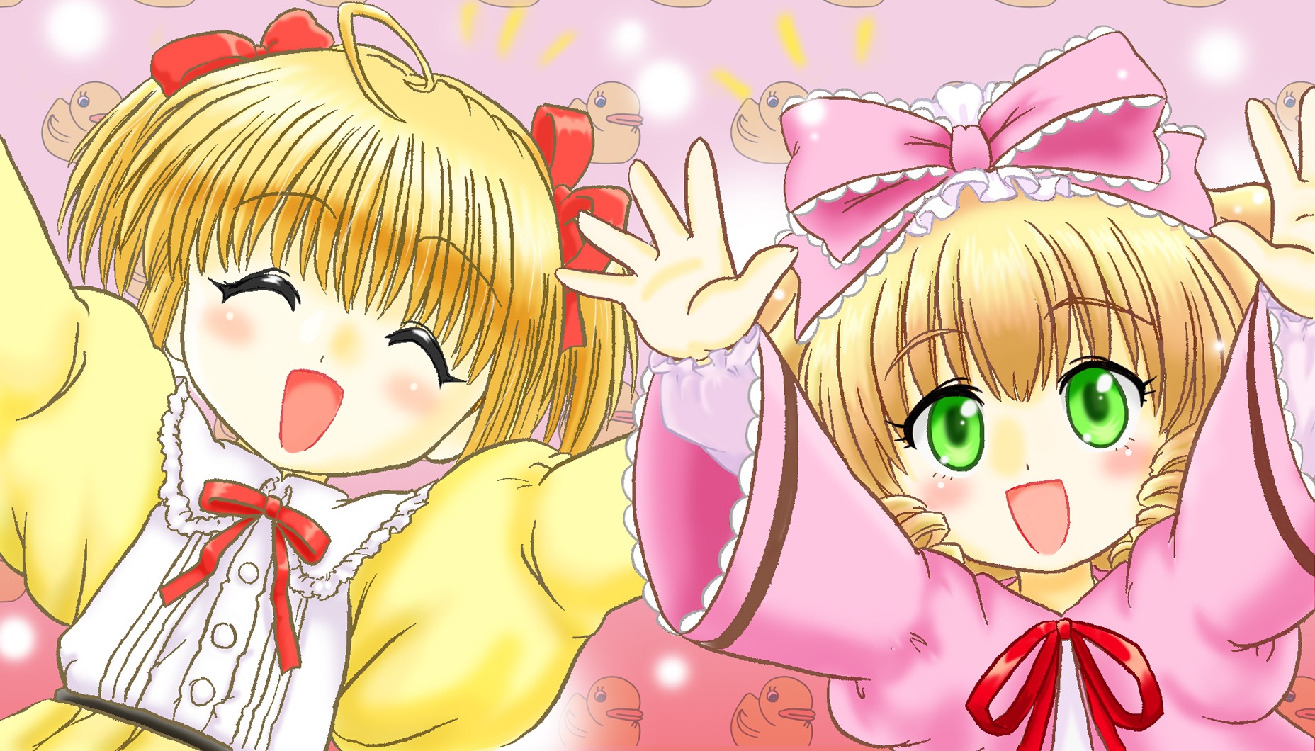 1girl 2girls :d ^_^ blonde_hair blush bow closed_eyes commentary_request crossover dress drill_hair frills green_eyes happy highres hina_ichigo hinaichigo hinako_(sister_princess) hoshikawa_tsukimi image long_sleeves looking_at_viewer multiple_girls multiple_views open_mouth outstretched_arms pink_bow ribbon rozen_maiden short_hair sister_princess smile solo spread_arms trait_connection twintails