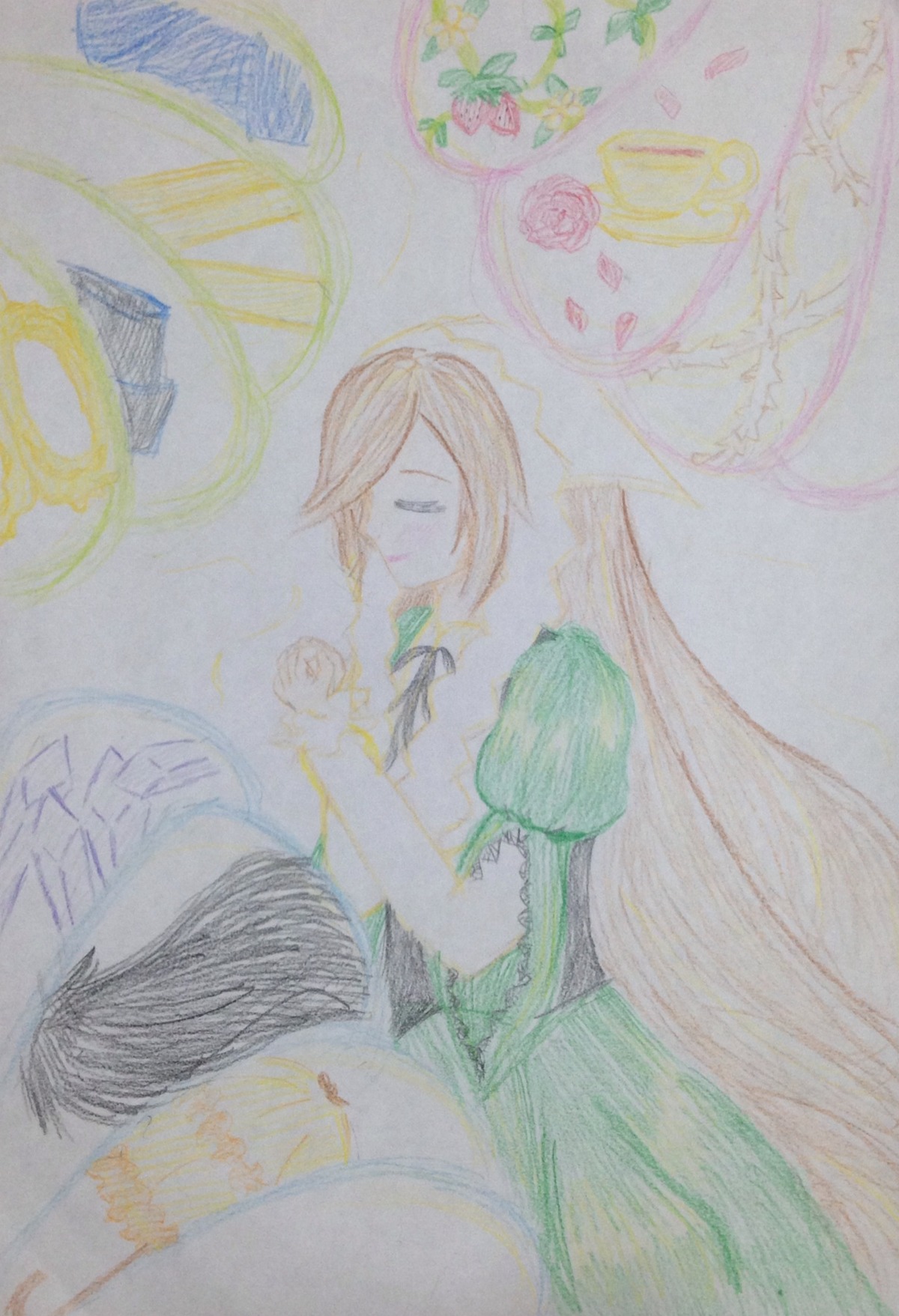 1girl apron brown_hair closed_eyes dress green_dress image long_hair puffy_short_sleeves puffy_sleeves short_sleeves solo suiseiseki traditional_media very_long_hair watercolor_(medium)