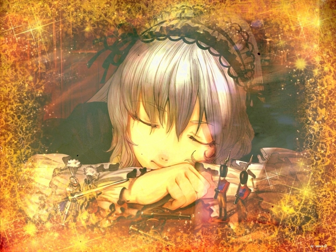 1girl closed_eyes fire flower hairband image izayoi_sakuya short_hair silver_hair solo suigintou twin_braids