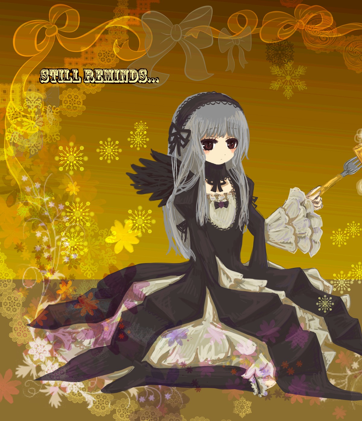 1girl black_dress black_wings dress floral_print flower frills hairband image long_hair long_sleeves looking_at_viewer ribbon rose silver_hair sitting solo suigintou wings