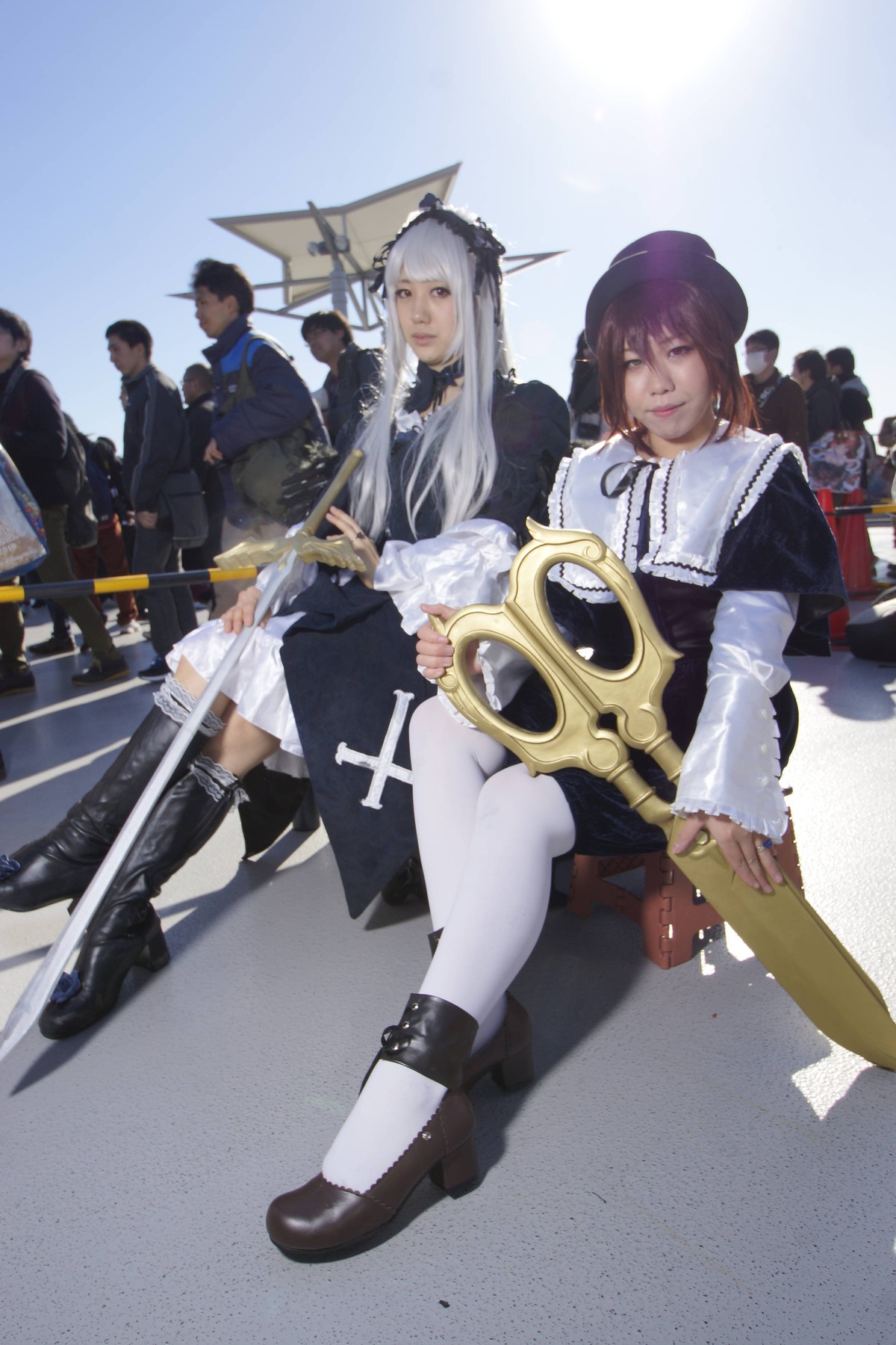 3d dress drum guitar hat instrument long_hair long_sleeves looking_at_viewer maid multiple_boys multiple_cosplay multiple_girls sitting tagme thighhighs weapon