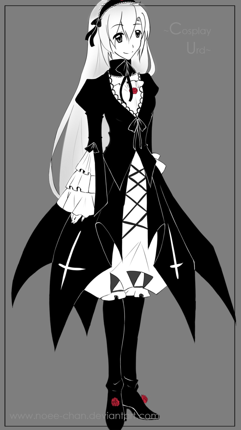 1girl closed_mouth dress frills full_body greyscale hair_ornament hairband image long_hair long_sleeves looking_at_viewer monochrome neck_ribbon ribbon smile solo standing suigintou transparent_background very_long_hair