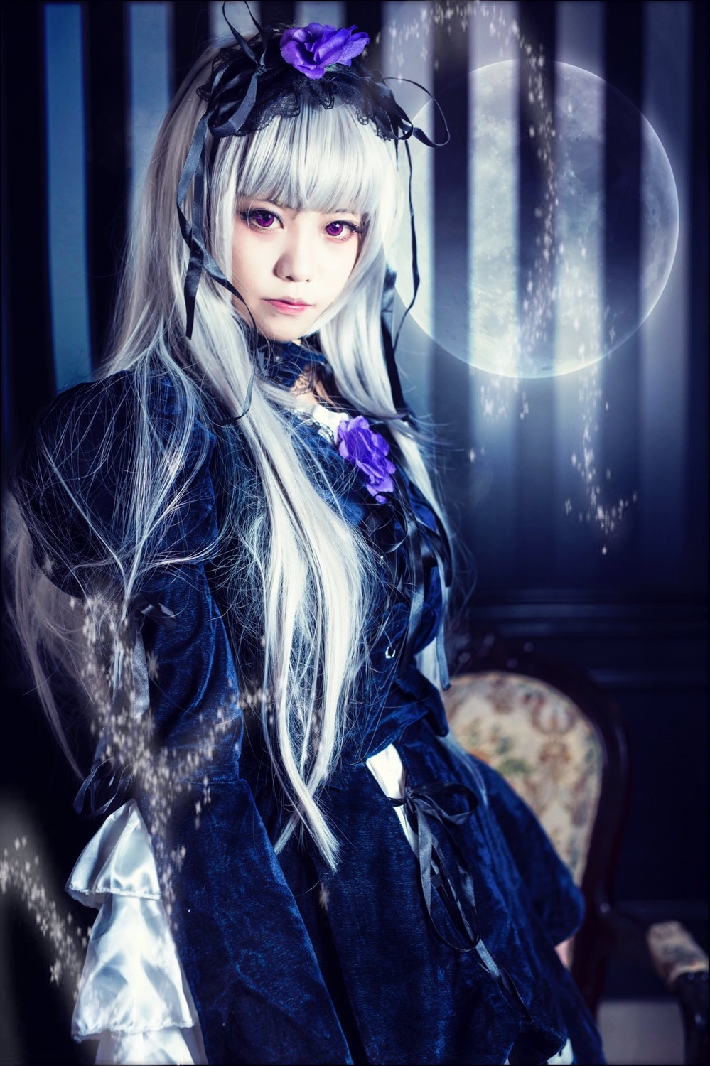 1girl bangs choker dress flower frills hair_ornament lips long_hair looking_at_viewer purple_eyes solo suigintou white_hair