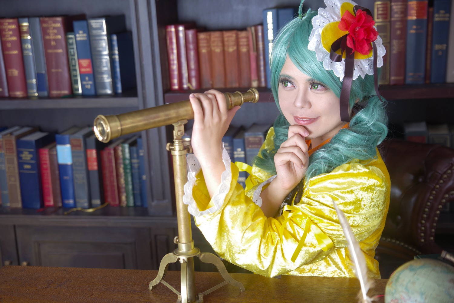 1girl aqua_hair blurry book book_stack bookshelf depth_of_field drill_hair flower green_eyes hair_flower hair_ornament indoors japanese_clothes kanaria kimono ladder library lips looking_at_viewer solo