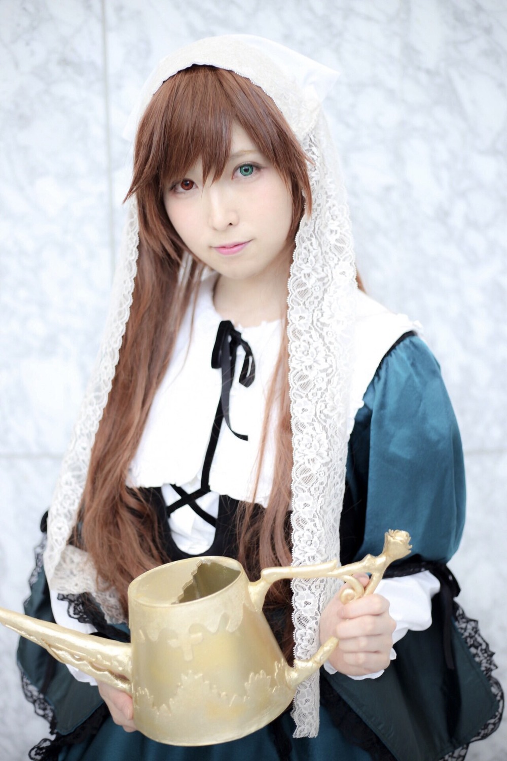 1girl 3d blurry brown_hair dress frills heterochromia lips long_hair long_sleeves looking_at_viewer red_eyes ribbon solo suiseiseki