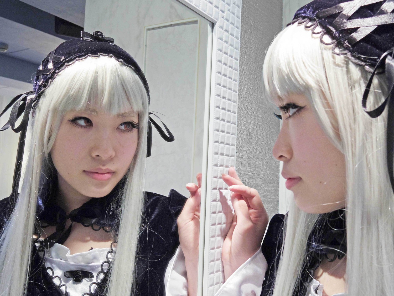 2girls bangs black_ribbon closed_mouth frills hairband instrument long_hair looking_at_another multiple_girls photo realistic ribbon silver_hair solo suigintou white_hair