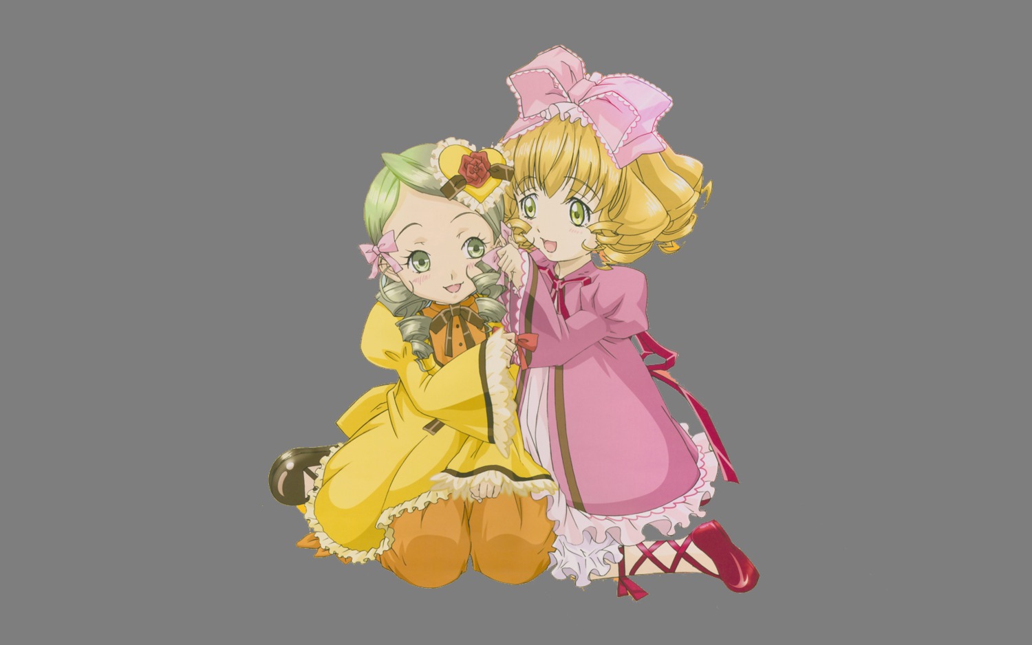 2girls :q blonde_hair bow dress drill_hair full_body green_eyes hair_bow hair_ornament hina_ichigo hinaichigo image kanaria long_sleeves multiple_girls pair pink_bow pink_dress short_hair sitting smile tongue tongue_out