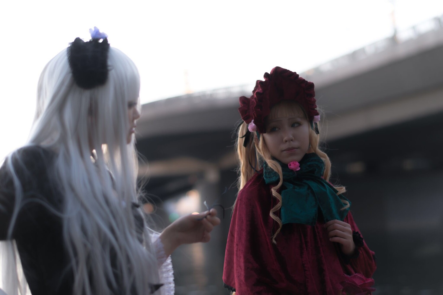 2girls blonde_hair blurry blurry_background bonnet depth_of_field dress flower hat long_hair long_sleeves looking_at_another multiple_cosplay multiple_girls rose shinku silver_hair tagme twintails