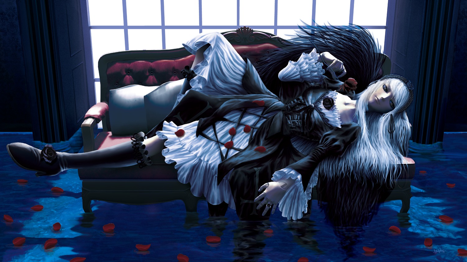 1girl black_footwear dress frills image indoors long_hair petals rose_petals sitting solo suigintou white_hair window