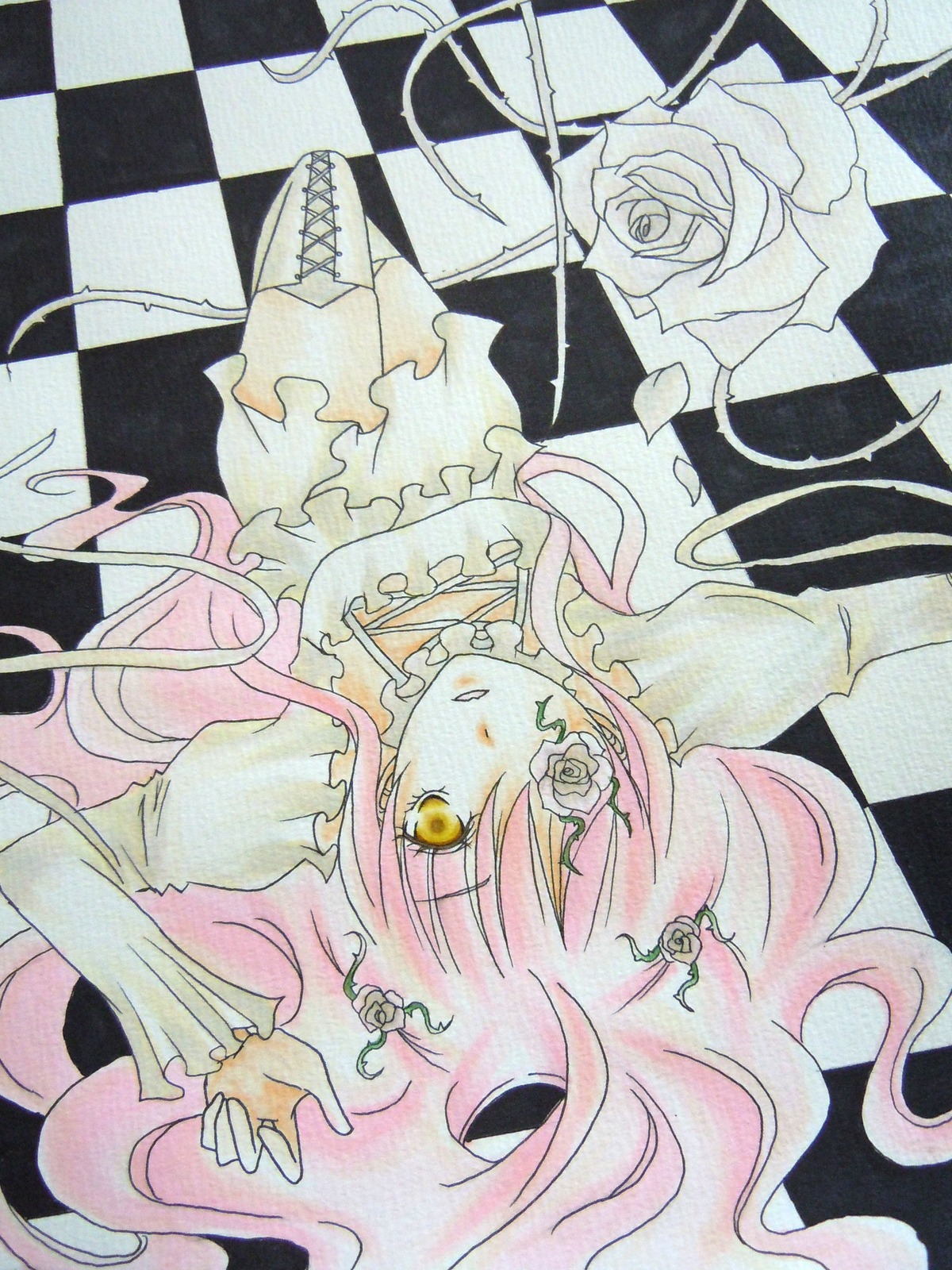 1girl argyle argyle_background argyle_legwear black_rock_shooter_(character) board_game checkerboard_cookie checkered checkered_background checkered_floor checkered_kimono checkered_scarf checkered_skirt chess_piece colorful flag floor flower hair_ornament image king_(chess) kirakishou knight_(chess) long_hair lying marker_(medium) on_back on_floor perspective petals pink_flower pink_hair pink_rose race_queen rose solo thighhighs tile_floor tile_wall tiles traditional_media vanishing_point white_rose yellow_eyes yellow_flower