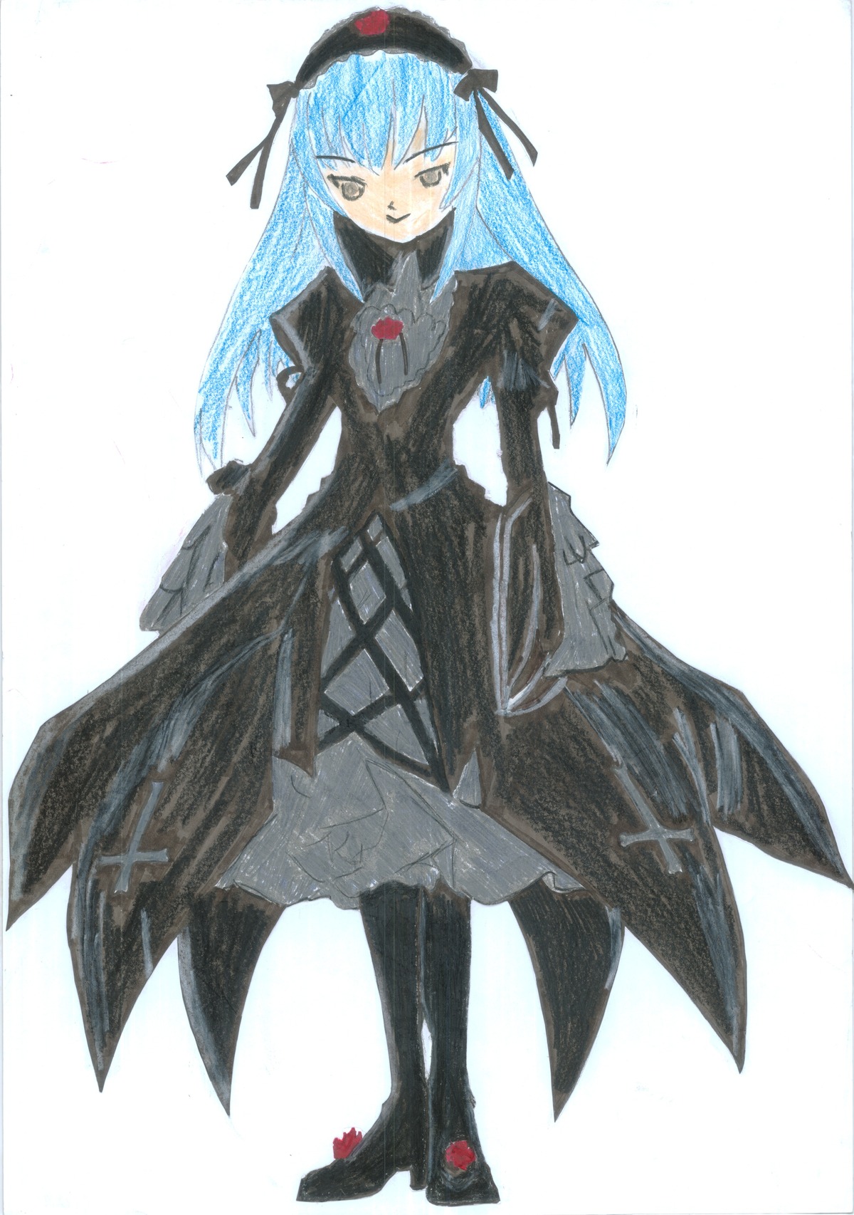 1girl black_dress blue_hair dress flower frills full_body hairband image long_hair long_sleeves looking_at_viewer pantyhose rose solo standing suigintou traditional_media