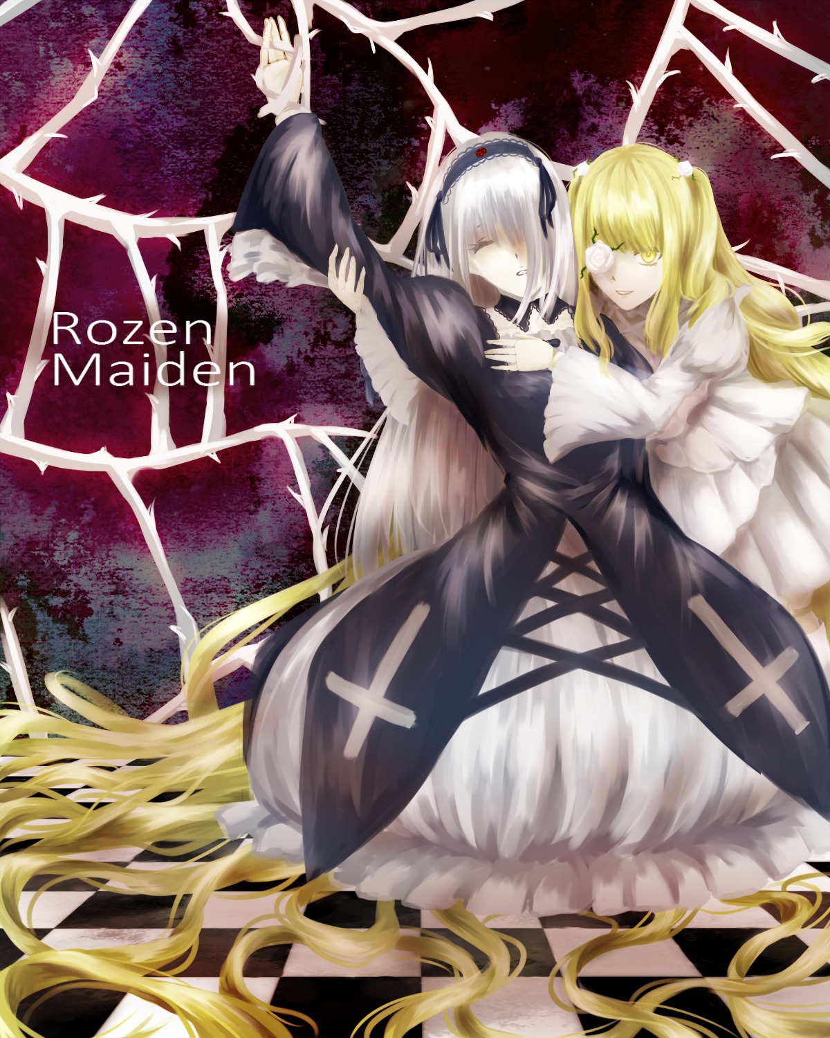 2girls absurdly_long_hair black_dress black_wings blonde_hair closed_eyes dress eyepatch frills hairband image kirakishou long_hair long_sleeves multiple_girls pair silver_hair suigintou very_long_hair wings