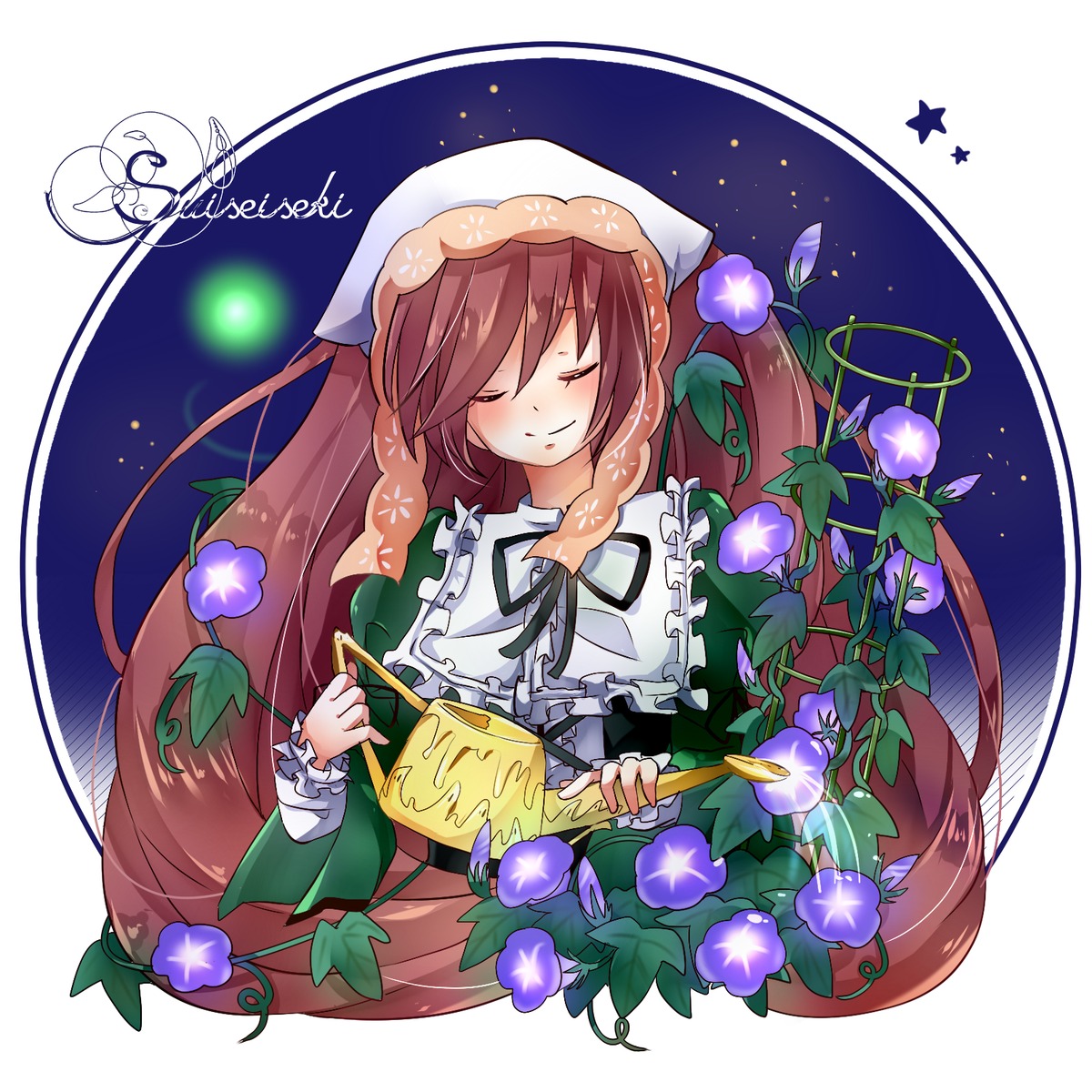 1girl brown_hair closed_eyes dress flower head_scarf image long_hair long_sleeves ribbon smile solo star_(symbol) suiseiseki upper_body very_long_hair watering_can